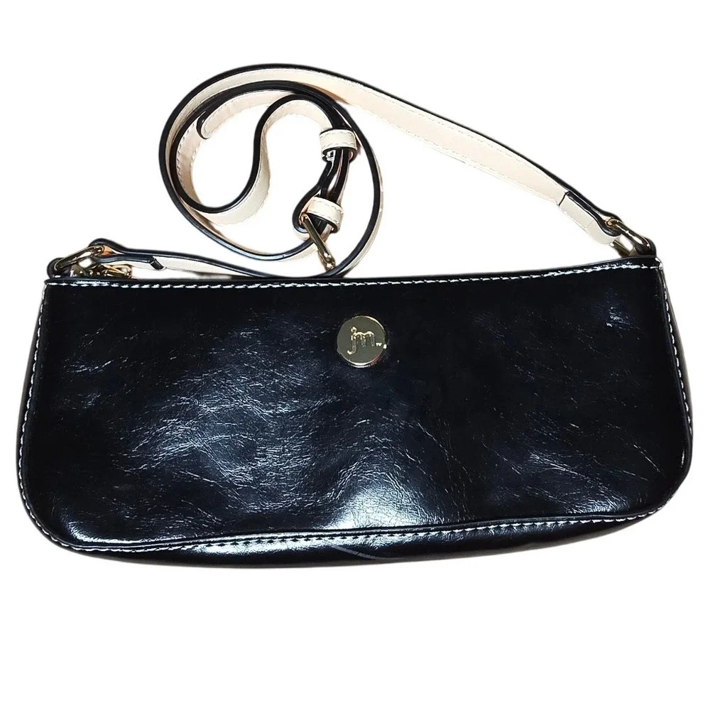 JN Black faux (?) Patent Leather‎ Shoulder Bag Small Clutch With Gold Accent